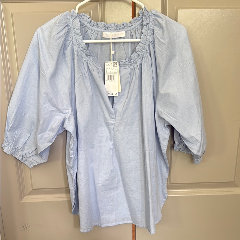 Mango Blue Relaxed 3/4 Sleeve Blouse